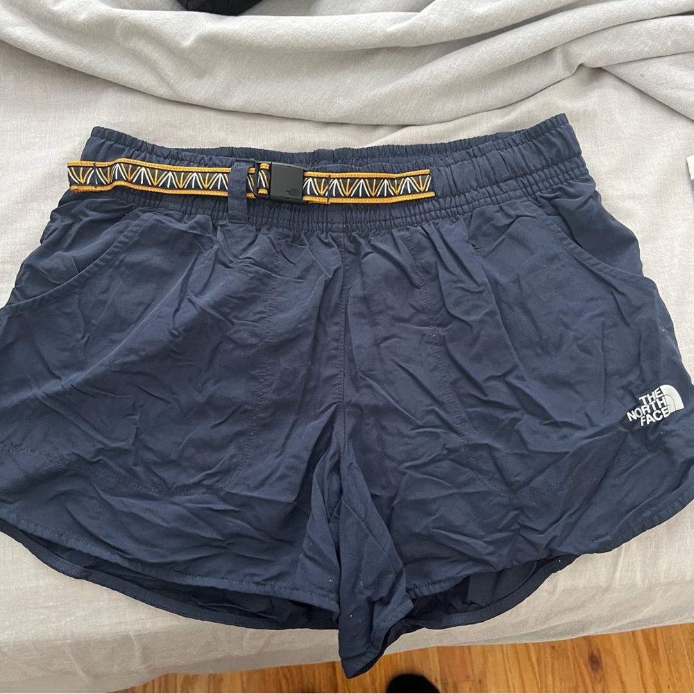 The North Face Women's Navy Blue Athletic Shorts with Yellow Accent Belt